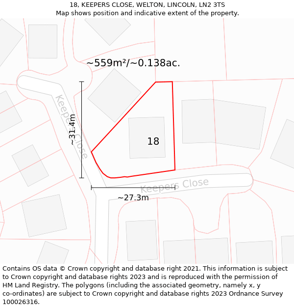 18, KEEPERS CLOSE, WELTON, LINCOLN, LN2 3TS: Plot and title map