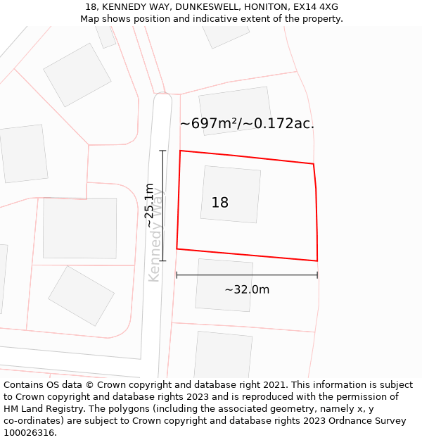 18, KENNEDY WAY, DUNKESWELL, HONITON, EX14 4XG: Plot and title map