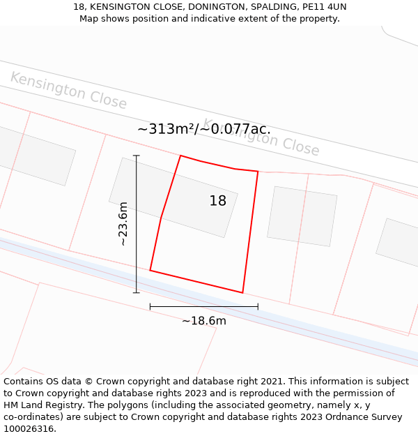 18, KENSINGTON CLOSE, DONINGTON, SPALDING, PE11 4UN: Plot and title map