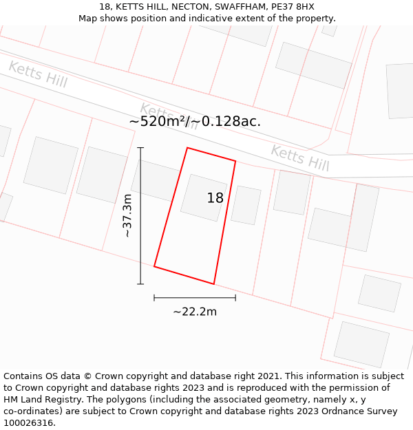 18, KETTS HILL, NECTON, SWAFFHAM, PE37 8HX: Plot and title map