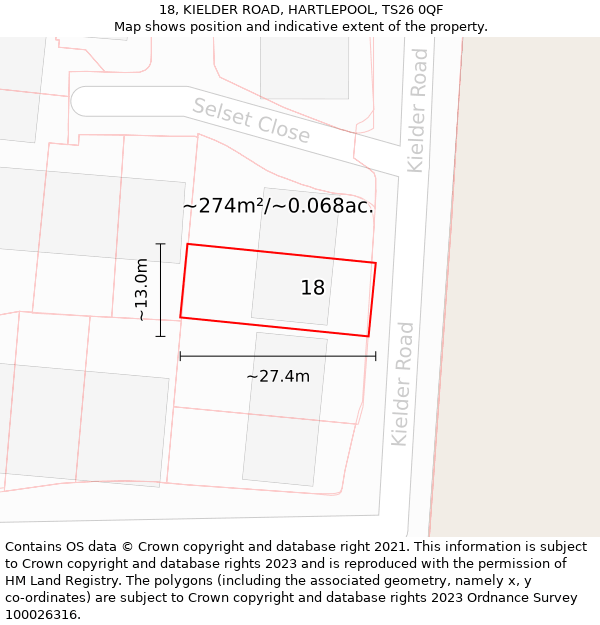 18, KIELDER ROAD, HARTLEPOOL, TS26 0QF: Plot and title map