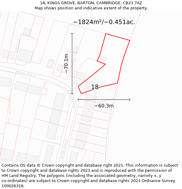 18, KINGS GROVE, BARTON, CAMBRIDGE, CB23 7AZ: Plot and title map