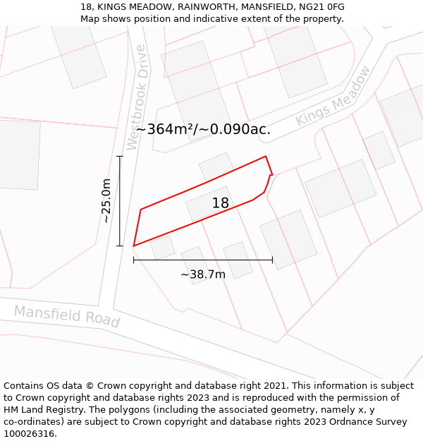 18, KINGS MEADOW, RAINWORTH, MANSFIELD, NG21 0FG: Plot and title map