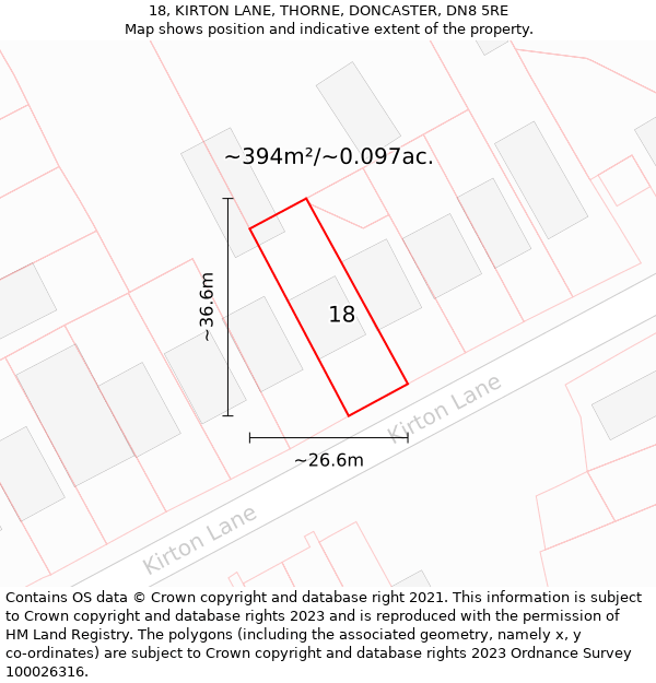 18, KIRTON LANE, THORNE, DONCASTER, DN8 5RE: Plot and title map