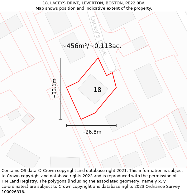 18, LACEYS DRIVE, LEVERTON, BOSTON, PE22 0BA: Plot and title map