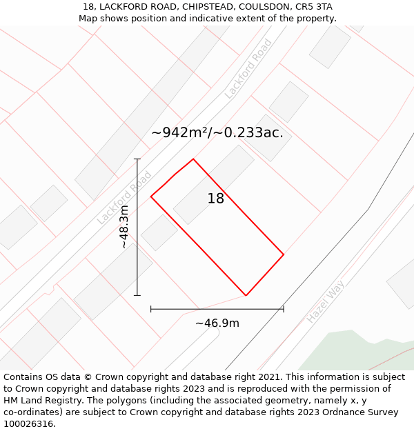 18, LACKFORD ROAD, CHIPSTEAD, COULSDON, CR5 3TA: Plot and title map
