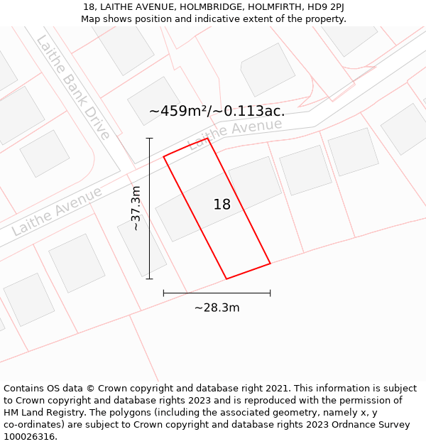 18, LAITHE AVENUE, HOLMBRIDGE, HOLMFIRTH, HD9 2PJ: Plot and title map