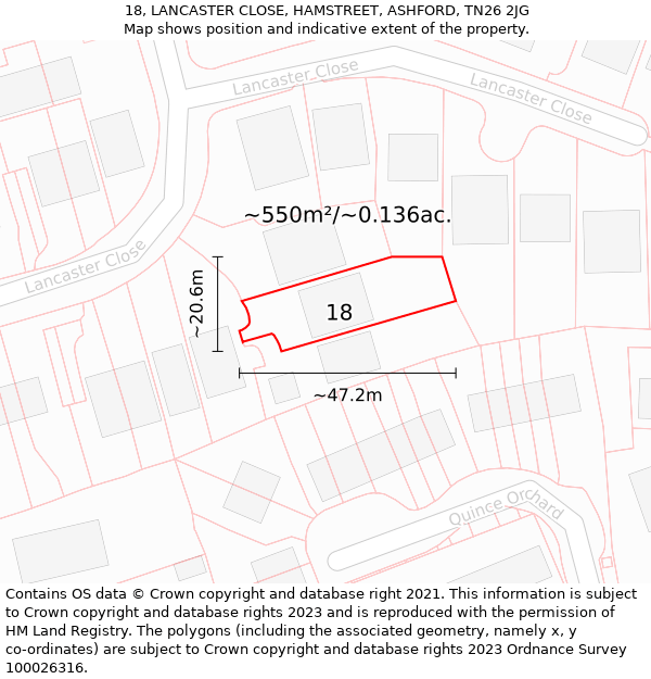 18, LANCASTER CLOSE, HAMSTREET, ASHFORD, TN26 2JG: Plot and title map