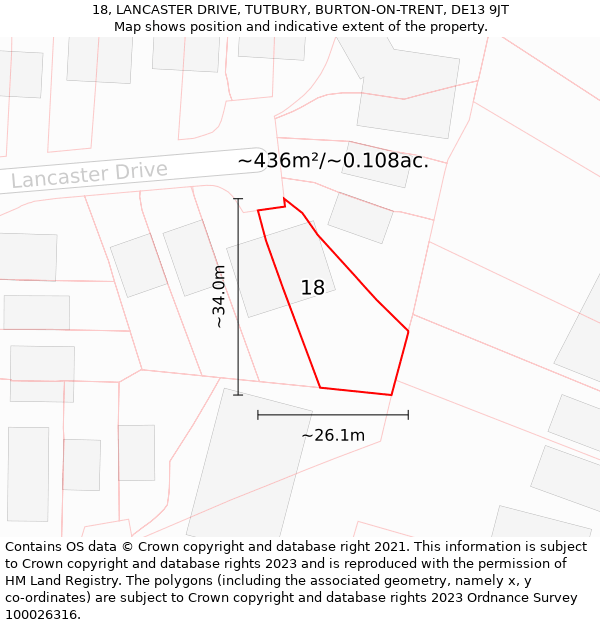 18, LANCASTER DRIVE, TUTBURY, BURTON-ON-TRENT, DE13 9JT: Plot and title map