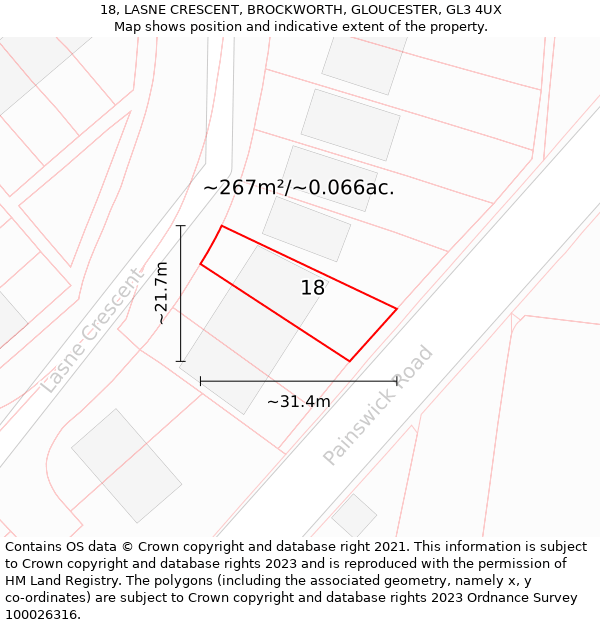 18, LASNE CRESCENT, BROCKWORTH, GLOUCESTER, GL3 4UX: Plot and title map