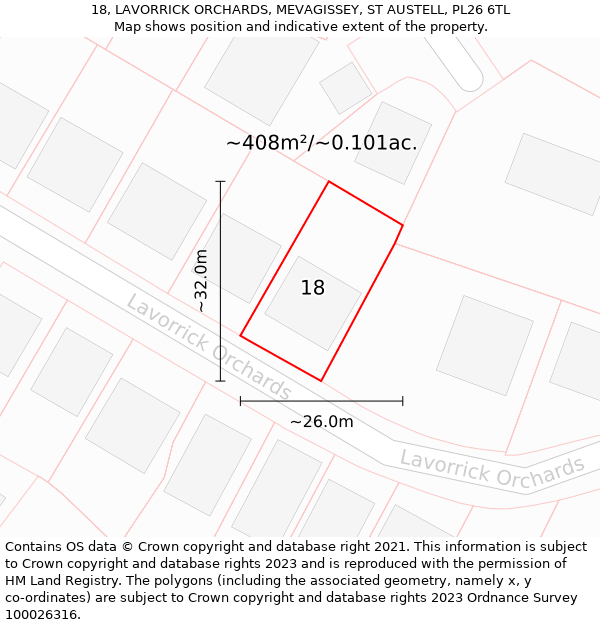 18, LAVORRICK ORCHARDS, MEVAGISSEY, ST AUSTELL, PL26 6TL: Plot and title map