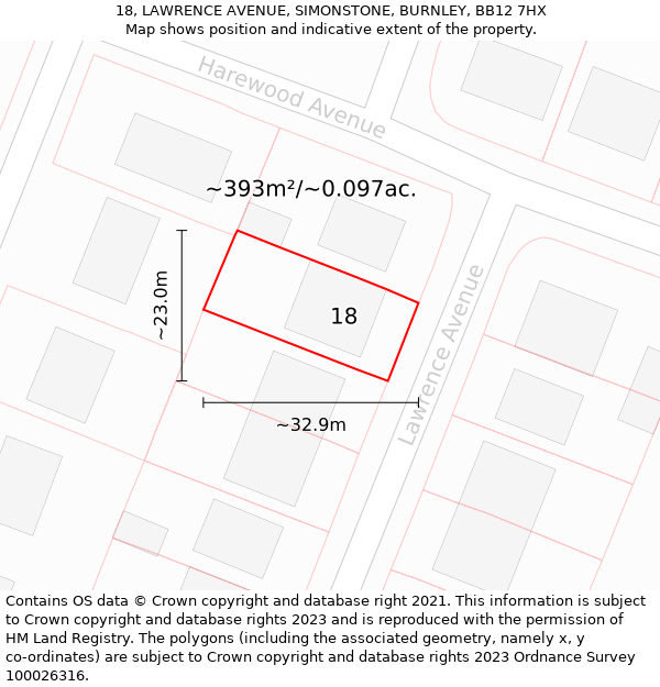 18, LAWRENCE AVENUE, SIMONSTONE, BURNLEY, BB12 7HX: Plot and title map