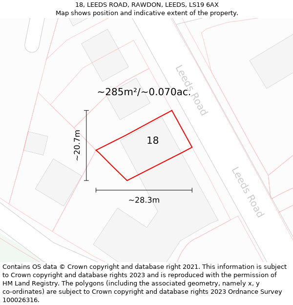 18, LEEDS ROAD, RAWDON, LEEDS, LS19 6AX: Plot and title map