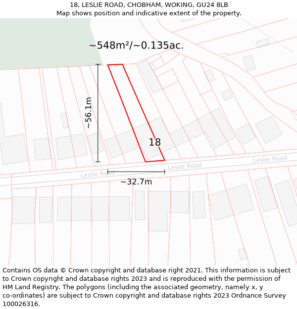 18, LESLIE ROAD, CHOBHAM, WOKING, GU24 8LB: Plot and title map