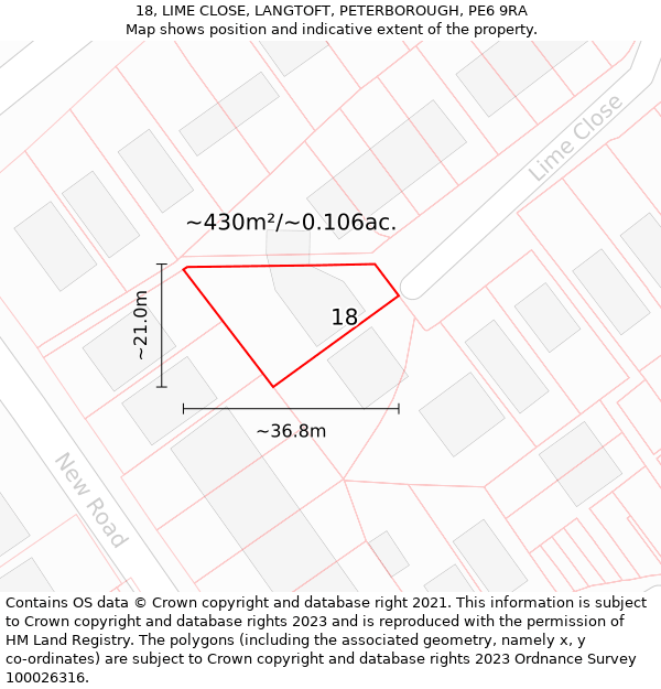 18, LIME CLOSE, LANGTOFT, PETERBOROUGH, PE6 9RA: Plot and title map