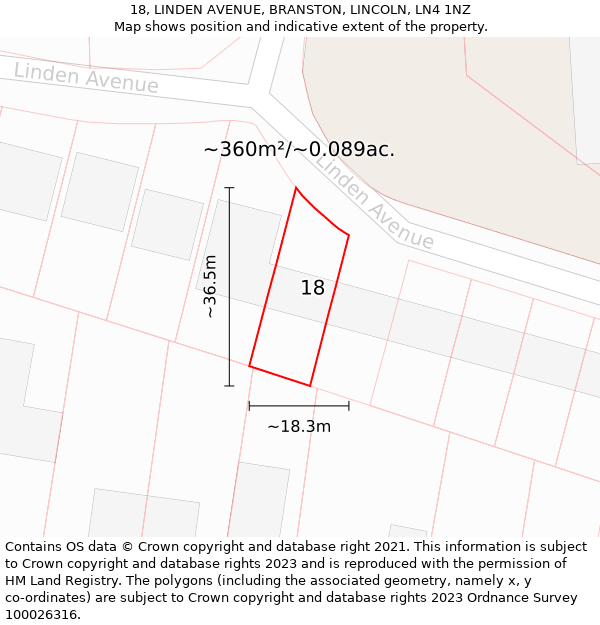 18, LINDEN AVENUE, BRANSTON, LINCOLN, LN4 1NZ: Plot and title map