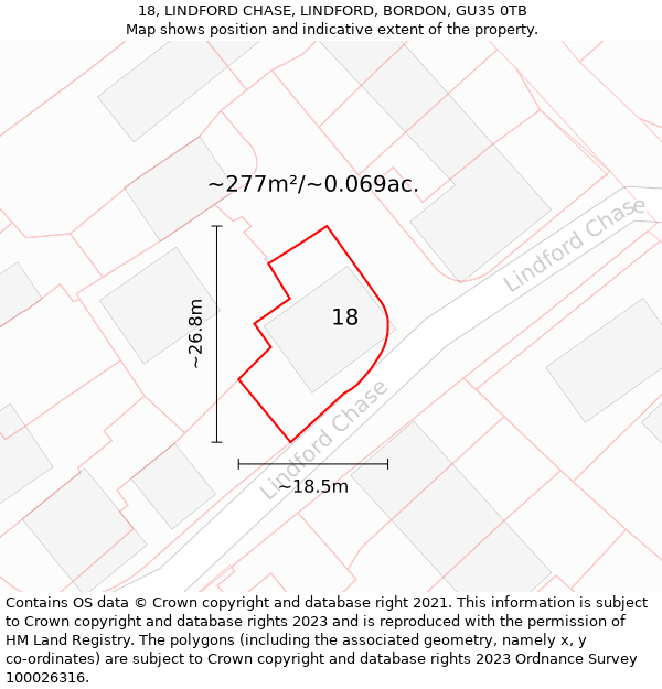 18, LINDFORD CHASE, LINDFORD, BORDON, GU35 0TB: Plot and title map