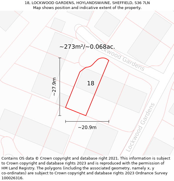 18, LOCKWOOD GARDENS, HOYLANDSWAINE, SHEFFIELD, S36 7LN: Plot and title map