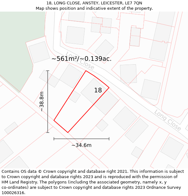 18, LONG CLOSE, ANSTEY, LEICESTER, LE7 7QN: Plot and title map
