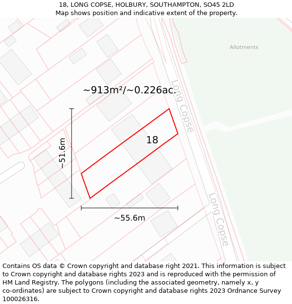 18, LONG COPSE, HOLBURY, SOUTHAMPTON, SO45 2LD: Plot and title map