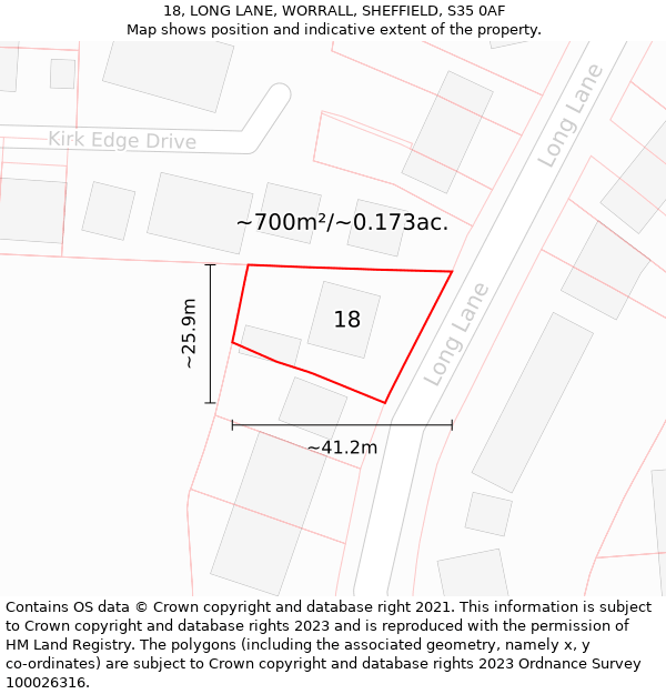 18, LONG LANE, WORRALL, SHEFFIELD, S35 0AF: Plot and title map