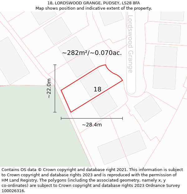 18, LORDSWOOD GRANGE, PUDSEY, LS28 8FA: Plot and title map