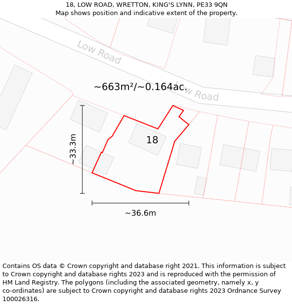 18, LOW ROAD, WRETTON, KING'S LYNN, PE33 9QN: Plot and title map