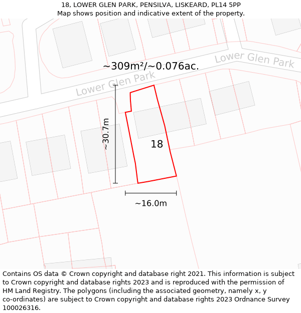 18, LOWER GLEN PARK, PENSILVA, LISKEARD, PL14 5PP: Plot and title map