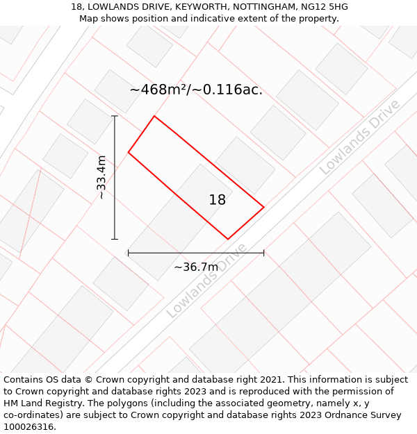 18, LOWLANDS DRIVE, KEYWORTH, NOTTINGHAM, NG12 5HG: Plot and title map