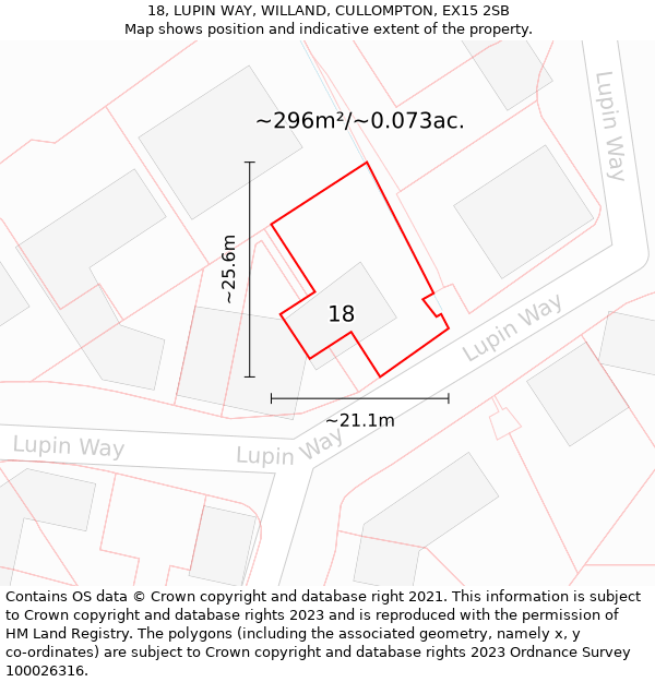 18, LUPIN WAY, WILLAND, CULLOMPTON, EX15 2SB: Plot and title map