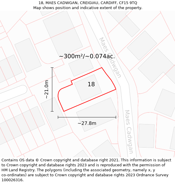 18, MAES CADWGAN, CREIGIAU, CARDIFF, CF15 9TQ: Plot and title map