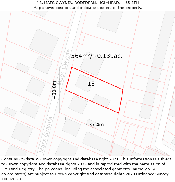 18, MAES GWYNFA, BODEDERN, HOLYHEAD, LL65 3TH: Plot and title map