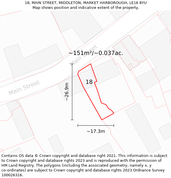 18, MAIN STREET, MIDDLETON, MARKET HARBOROUGH, LE16 8YU: Plot and title map