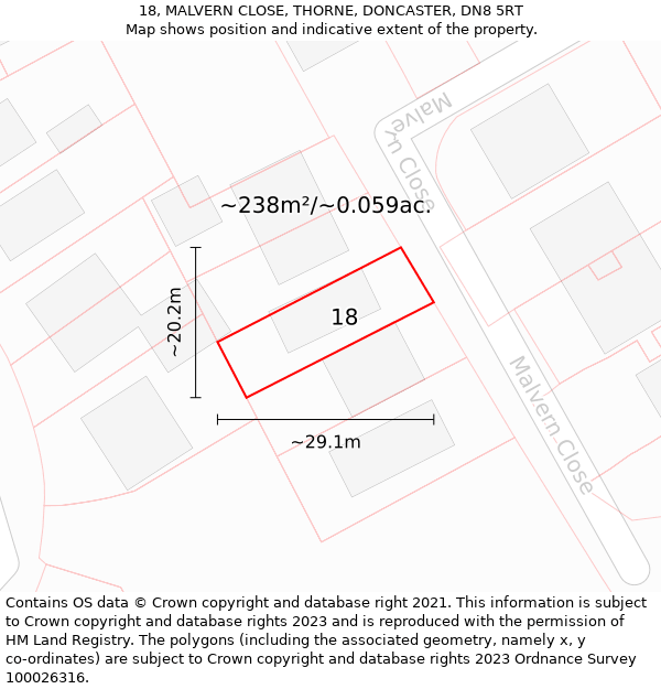 18, MALVERN CLOSE, THORNE, DONCASTER, DN8 5RT: Plot and title map