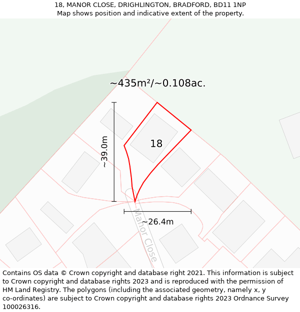 18, MANOR CLOSE, DRIGHLINGTON, BRADFORD, BD11 1NP: Plot and title map