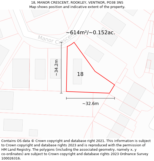 18, MANOR CRESCENT, ROOKLEY, VENTNOR, PO38 3NS: Plot and title map