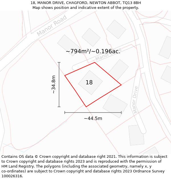 18, MANOR DRIVE, CHAGFORD, NEWTON ABBOT, TQ13 8BH: Plot and title map