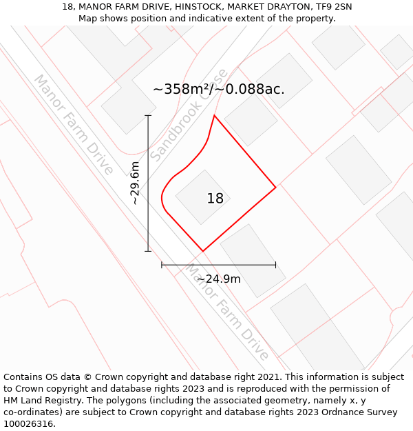18, MANOR FARM DRIVE, HINSTOCK, MARKET DRAYTON, TF9 2SN: Plot and title map