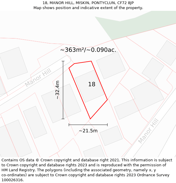 18, MANOR HILL, MISKIN, PONTYCLUN, CF72 8JP: Plot and title map