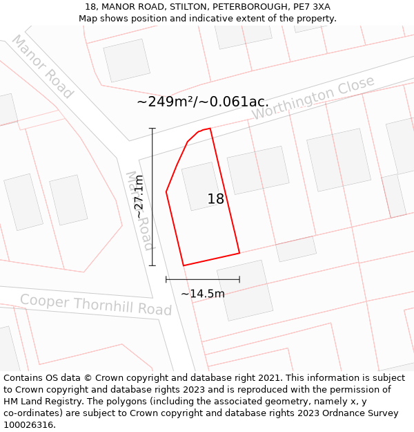 18, MANOR ROAD, STILTON, PETERBOROUGH, PE7 3XA: Plot and title map