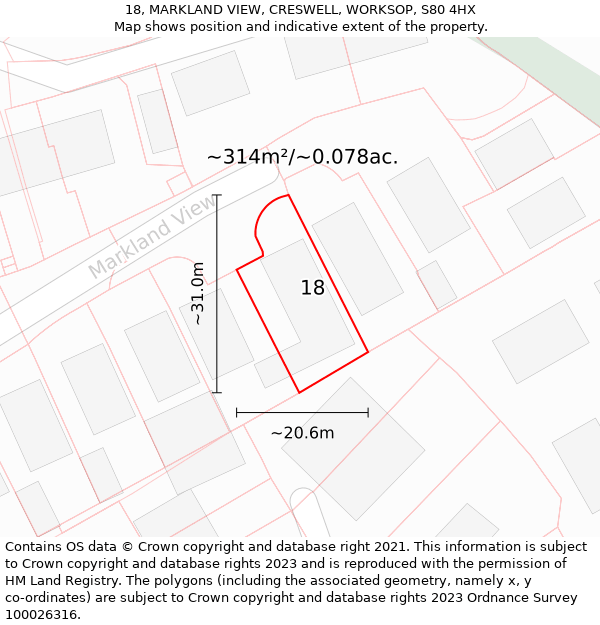 18, MARKLAND VIEW, CRESWELL, WORKSOP, S80 4HX: Plot and title map