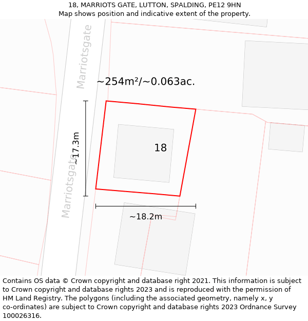 18, MARRIOTS GATE, LUTTON, SPALDING, PE12 9HN: Plot and title map