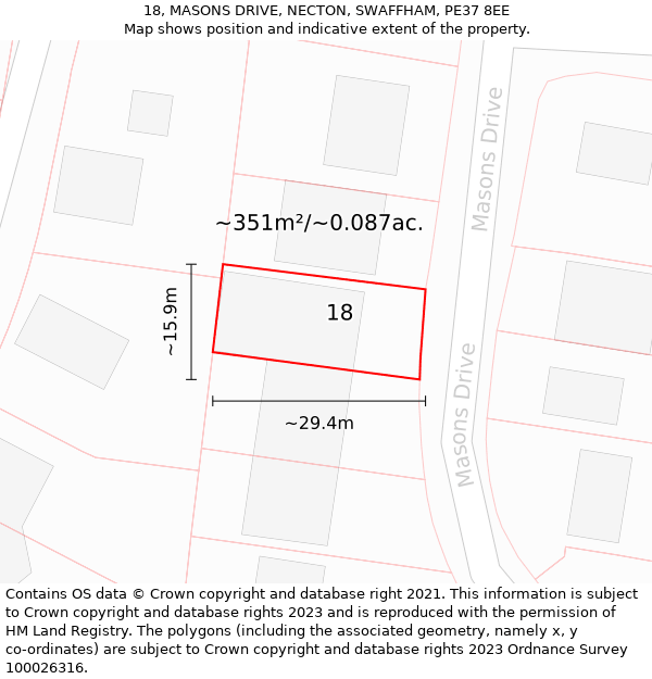 18, MASONS DRIVE, NECTON, SWAFFHAM, PE37 8EE: Plot and title map