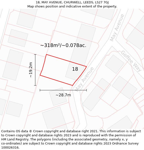 18, MAY AVENUE, CHURWELL, LEEDS, LS27 7GJ: Plot and title map