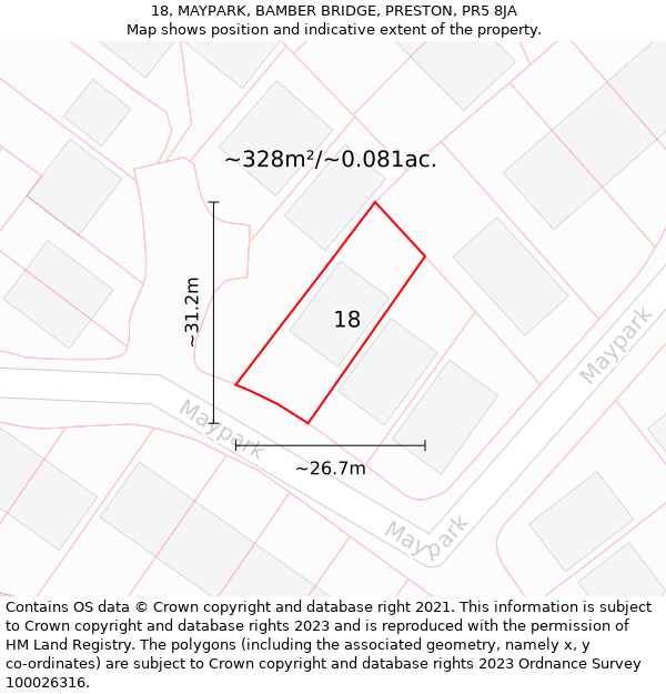 18, MAYPARK, BAMBER BRIDGE, PRESTON, PR5 8JA: Plot and title map