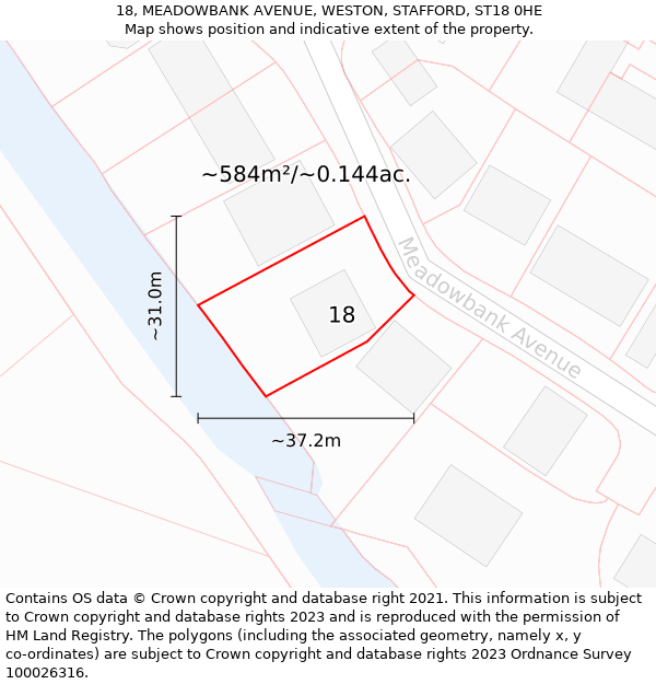 18, MEADOWBANK AVENUE, WESTON, STAFFORD, ST18 0HE: Plot and title map