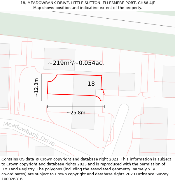 18, MEADOWBANK DRIVE, LITTLE SUTTON, ELLESMERE PORT, CH66 4JF: Plot and title map