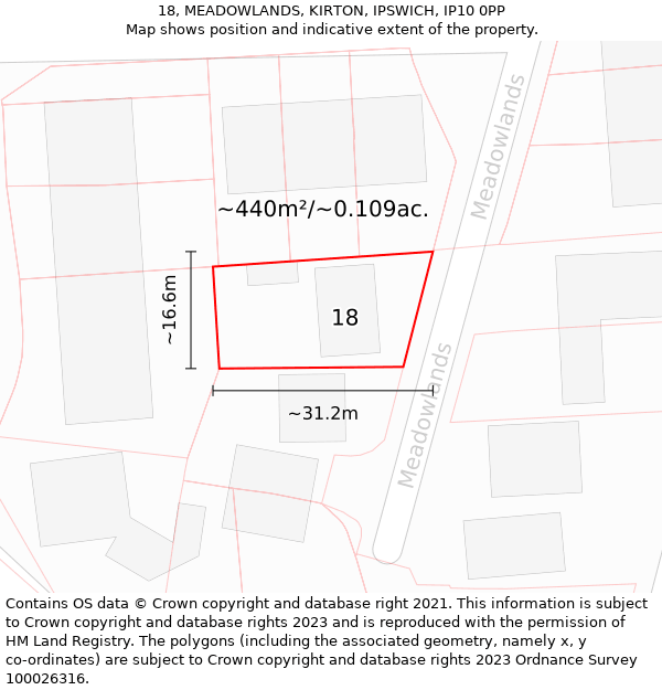 18, MEADOWLANDS, KIRTON, IPSWICH, IP10 0PP: Plot and title map