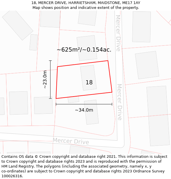 18, MERCER DRIVE, HARRIETSHAM, MAIDSTONE, ME17 1AY: Plot and title map