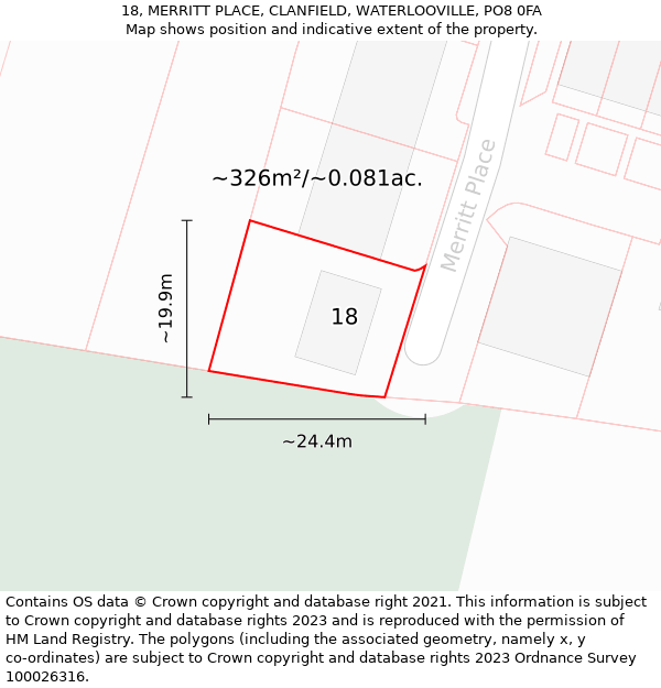 18, MERRITT PLACE, CLANFIELD, WATERLOOVILLE, PO8 0FA: Plot and title map